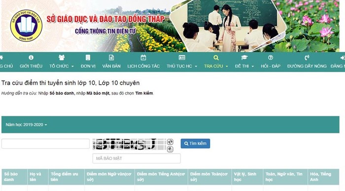 Giao diện tra cứu điểm thi tuyển sinh vào lớp 10 các trường công lập trên Cổng thông tin Sở Giáo dục và Đào tạo tỉnh Đồng Tháp. (Ảnh: H.L)