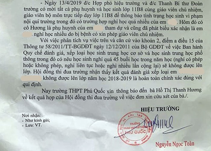 Công văn Hiệu trưởng trường Trung học phổ thông Phú Quốc áp dụng theo Thông tư 58. (Ảnh: H.L)