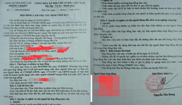 Hợp đồng lao động của giáo viên ở huyện Phù Cát. (Ảnh: H.L)