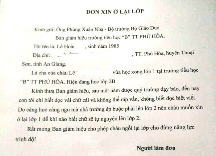 Đơn xin ở lại lớp của phụ huynh (huyện Thoại Sơn, tỉnh An Giang). (Ảnh: H.L)