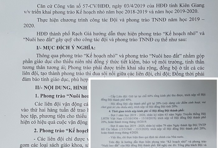 Văn bản số 02-HD/HĐĐ hướng dẫn việc thực hiện phong trào “Kế hoạch nhỏ” và “Nuôi heo đất” đến các trường. (Ảnh: M.A)