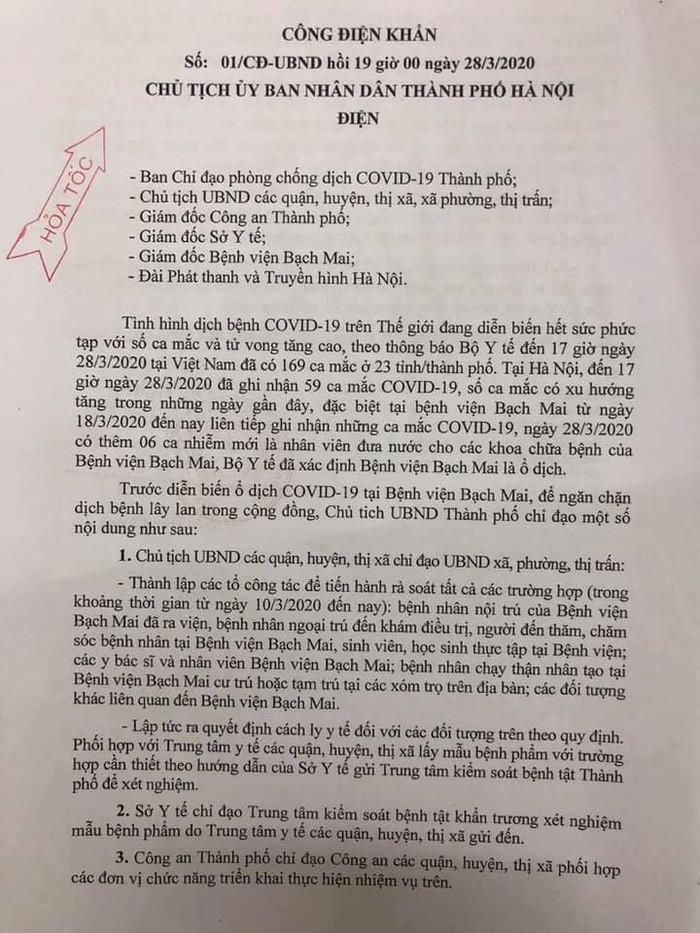 Công điện khẩn của Chủ tịch Ủy ban nhân dân Thành phố Hà Nội.