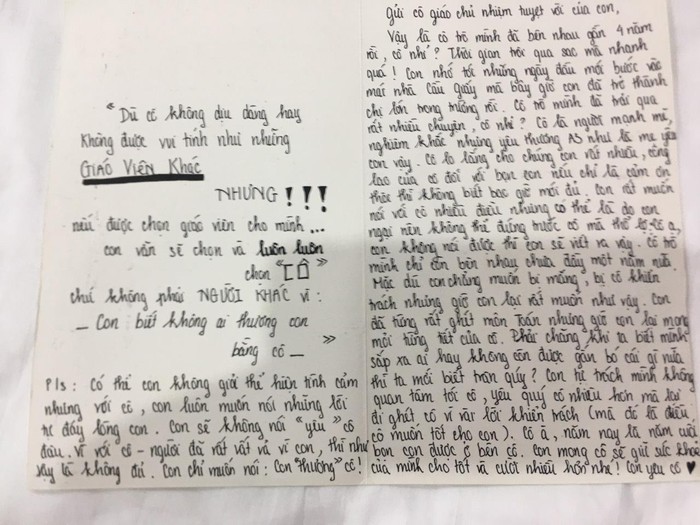 Một bức thư của học sinh gửi cho cô Xuân, với cô đây là những kỷ niệm khó phai trong nghề. Ảnh: NVCC