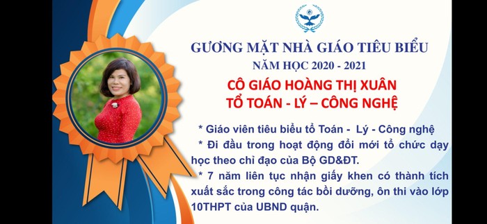 Cô Hoàng Thị Xuân được vinh danh là gương mặt nhà giáo tiêu biểu của trường năm học 2020-2021. Ảnh: Nhà trường cung cấp
