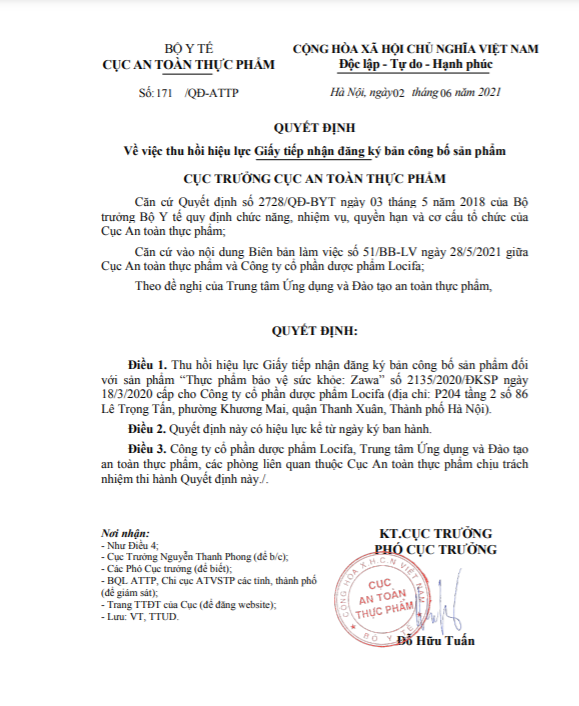 Quyết định về việc thu hồi hiệu lực giấy tiếp nhận đăng ký công bố sản phẩm thực phẩm bảo vệ sức khỏe Zawa do Công ty cổ phần Dược phẩm Locifa chịu trách nhiệm công bố. Ảnh: vfa.gov.vn