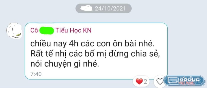 Tin nhắn thông báo học thêm của cô giáo chủ nhiệm gửi cho phụ huynh kèm "lưu ý" các bố mẹ đừng chia sẻ. Ảnh: Phụ huynh cung cấp.