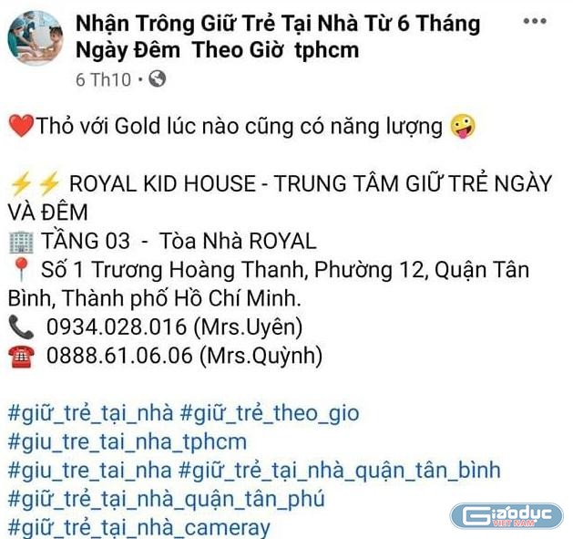 Giữ trẻ không phép, nhưng ngang nhiên công khai thông tin trên facebook (ảnh chụp màn hình sáng 5/11)