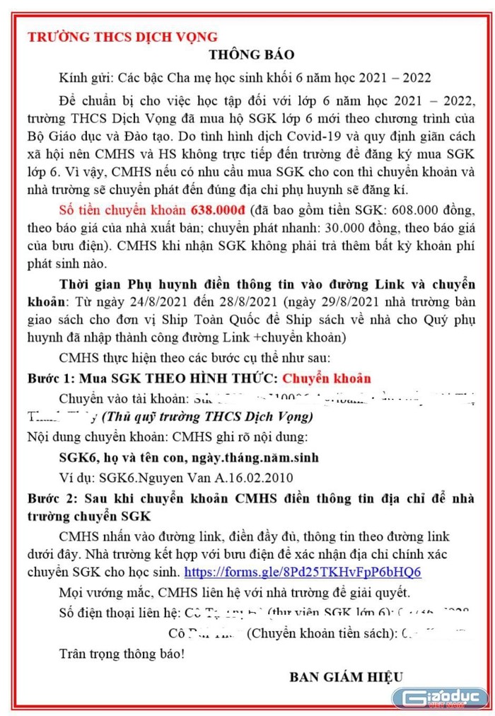 Thông báo giá sách giáo khoa của trường Trung học cơ sở Dịch Vọng (Ảnh chụp từ website của nhà trường)