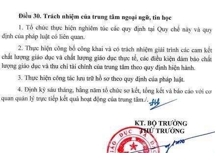 Khoản 2, Điều 30 Thông tư 21 quy định về việc các trung tâm ngoại ngữ phải công khai và cam kết chất lượng giáo dục nhưng nhiều trung tâm không thực hiện nghiêm quy định này. (Ảnh: cắt màn hình)