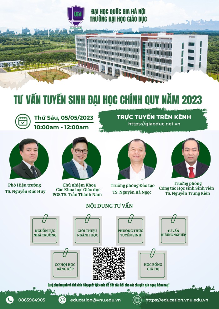 Các chuyên gia đến từ Trường Đại học Giáo dục - Đại học Quốc gia Hà Nội sẽ trực tiếp giải đáp các thắc mắc của học sinh, phụ huynh liên quan tuyển sinh đại học 2023.