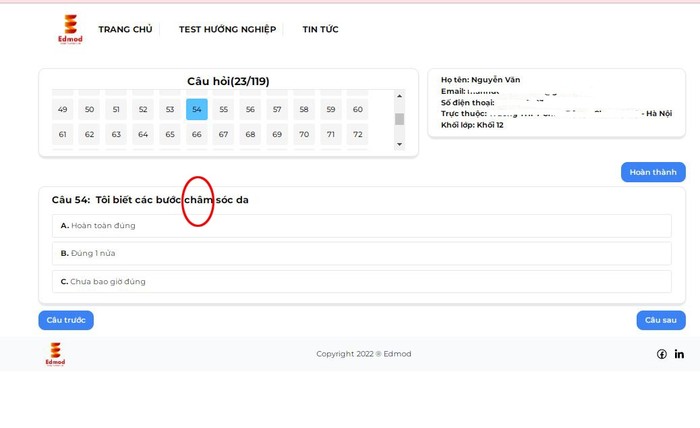 Nội dung câu hỏi trắc nghiệm của Edmod bị sai chính tả.