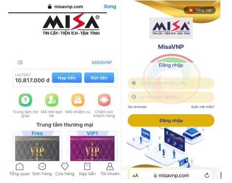 Hình ảnh website giả mạo MISA yêu cầu khách hàng nạp tiền lên hệ thống nhằm lừa đảo chiếm đoạt tài sản.