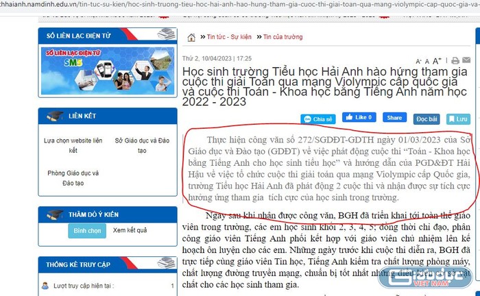 Một bài viết đăng trên website của trường Tiểu học Hải Anh (huyện Hải Hậu, tỉnh Nam Định). Ảnh chụp màn hình website