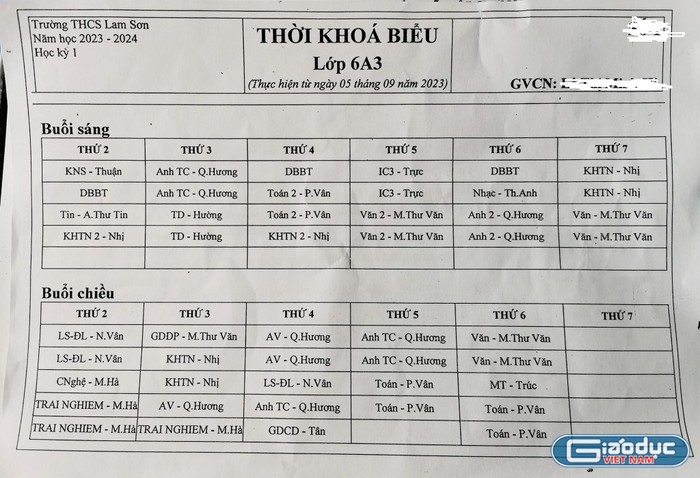 Thời khóa biểu lớp 6A3 của Trường trung học cơ sở Lam Sơn, Quận 6, Thành phố Hồ Chí Minh. Chú thích: Văn 2, Toán 2, KHTN 2, số 2 là để phân biệt môn học buổi 2 các môn này với tiết học chính khóa trong chương trình.(ảnh minh họa: V.D)