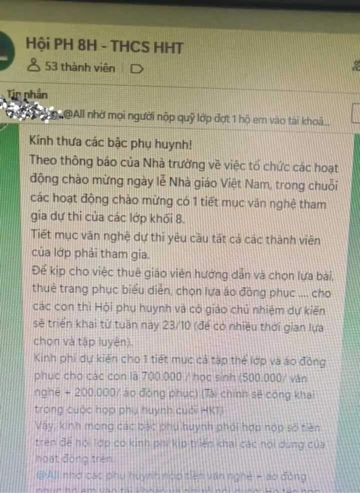 Tin nhắn vận động thu 700.000 đồng/ học sinh để phục vụ công tác chào mừng ngày Nhà giáo Việt Nam 20/11. Ảnh chụp màn hình.