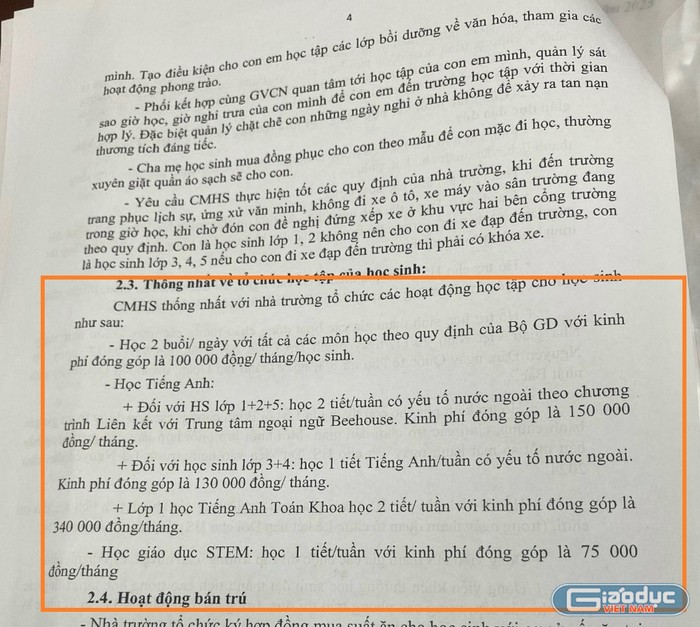 Nội dung trong bản dự thảo công tác thu chi kinh phí hoạt động của Ban đại diện cha mẹ học sinh Trường Tiểu học Kim Chung năm học 2023 - 2024 cho thấy cụ thể mức kinh phí từng môn học. Ảnh: Phụ huynh cung cấp