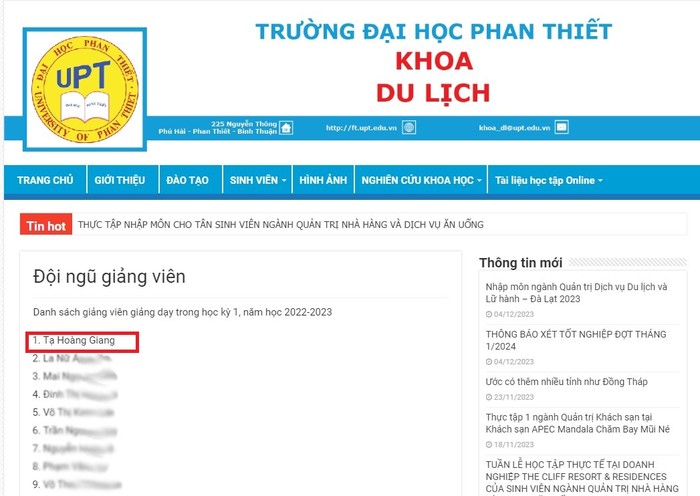 Danh sách giảng viên giảng dạy trong học kỳ 1, năm học 2022 - 2023 có tên ông Tạ Hoàng Giang. Tuy nhiên, theo hiệu trưởng nhà trường, từ lúc đảm nhiệm vị trí Trưởng khoa Du lịch người này chỉ được phân công nhiệm vụ quản lý. Ảnh: Chụp màn hình