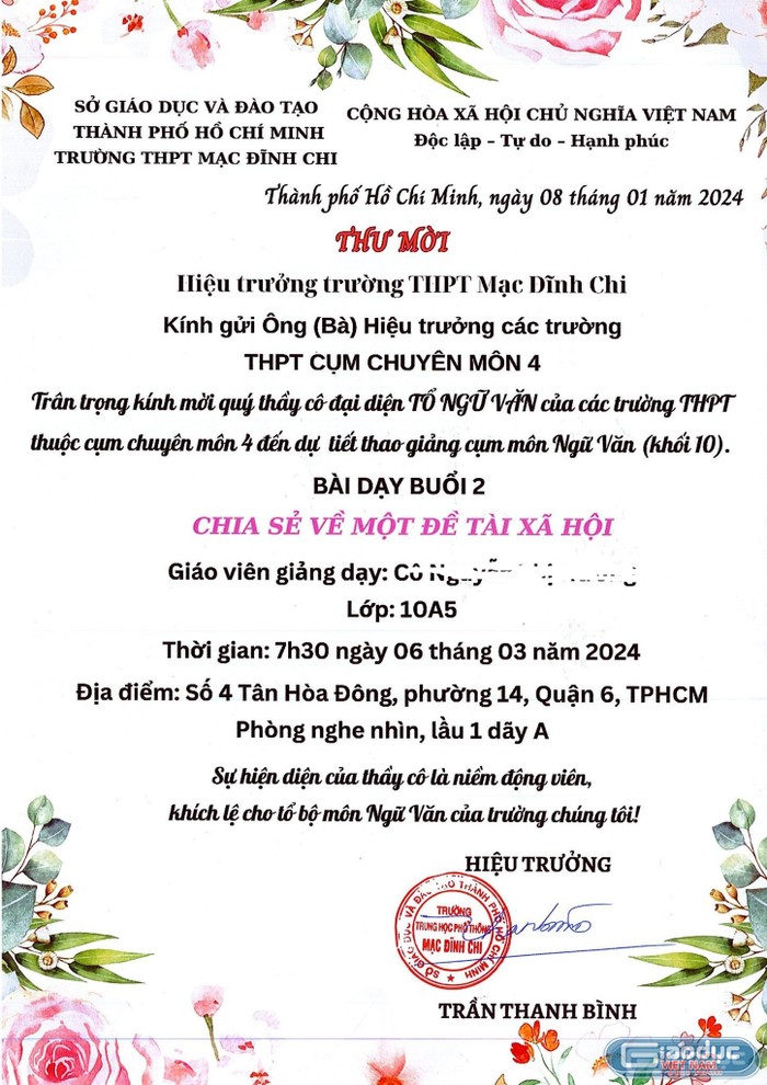 Thư mời dự giờ của trường trung học phổ thông Mạc Đĩnh Chi, thành viên cụm chuyên môn 4 (ảnh: V.D)