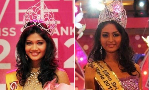 Hai người đẹp Sumudu Prasadini (trái) và Vinu Udani Siriwardena cùng đăng quang vương miện Hoa hậu Sri Lanka 2012. Tuy nhiên, chỉ duy nhất Sumudu Prasadini được quyền đại diện cho Sri Lanka tham dự cuộc thi Hoa hậu Thế giới diễn ra tại Nội Mông (Trung Quốc) tháng 8 tới. Ảnh: Globalbeauties