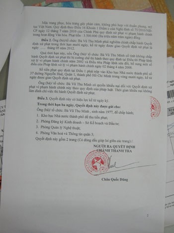 Quyết định phạt Thu Minh của Sở VHTT&DL Tp.HCM. Ảnh: Phunutoday.