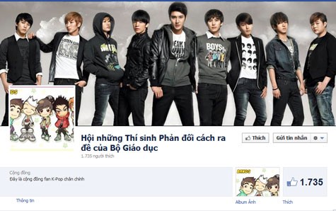 Một số fan của dòng nhạc K-pop đã lập một trang Facebook để "ném đá" cách ra đề thi của Bộ Giáo dục và nó đã gây xôn xao cộng đồng mạng. (Ảnh chụp từ màn hình)