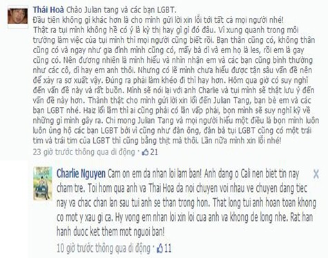Lời xin lỗi của đạo diễn Charlie và diễn viên Thái Hòa chia sẻ trên facebook của Ái Linh