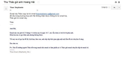 "Ngày 25/4/2013, tôi gửi email liệt kê các chi phí cần làm rõ ràng, Hải lảng tránh, không trả lời. Ngày 16/7/2013, tôi copy lại nội dung email cũ, gửi thêm sang email khác để đảm bảo Hải vẫn nhận được, đến email này anh mới trả lời và hẹn gặp vào cuối tháng 8 nhưng đến 04/09 hai bên mới gặp gỡ" - Thảo viết.