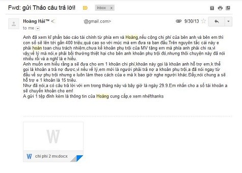 "Ngày 30/09/2013 anh trả lời là gửi tôi một khoản "hỗ trợ" 15.000.000 VNĐ. Về số tiền tôi đã chi, anh gửi lại bảng chi phí đính kèm khẳng định phần công nhận chi và không duyệt chi" - Thảo chú thích.