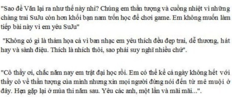 Chấm bài thi nghị luận về "mê muội thần tượng", nhóm giáo viên ở miền Trung cho biết, rất nhiều thí sinh bộc lộ tình yêu vô bờ bến với các ban nhạc, diễn viên Hàn Quốc và sẵn sàng bỏ giấy trắng vì không dám động đến thần tượng của mình >> ĐIỂM DANH NHỮNG THỦ KHOA ĐẠI HỌC 2012 >> CƯỜI ĐAU BỤNG, TỨC NỔ MẮT VỚI SÁCH IN LẬU (P2)