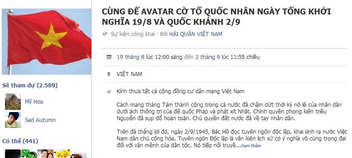 Lời kêu gọi để avatar thể hiện tình yêu nước nhân ngày 2/9 của trang mạng xã hội