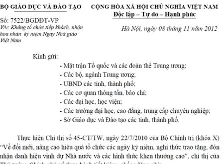 Ảnh chụp từ Công văn của Bộ Giáo dục và Đào tạo về việc không tổ chức tiếp khách, nhận hoa nhân kỷ niệm Ngày Nhà giáo Việt Nam.