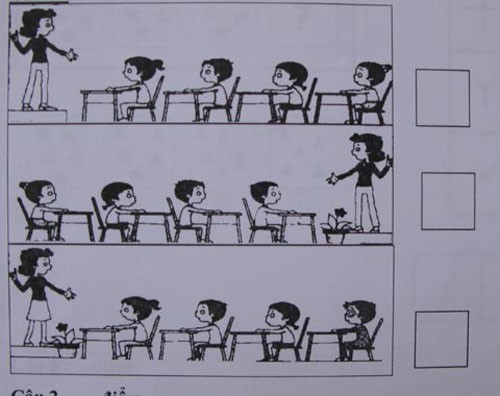 Giáo viên hướng dẫn: Hãy quan sát 3 hình vẽ 3 lớp học ở câu 1 trong 10 giây. Cô giáo của Mai không mặc váy, Lớp của Mai không có chậu hoa. Hãy đánh dấu X vào ô trống cạnh lớp học của Mai.