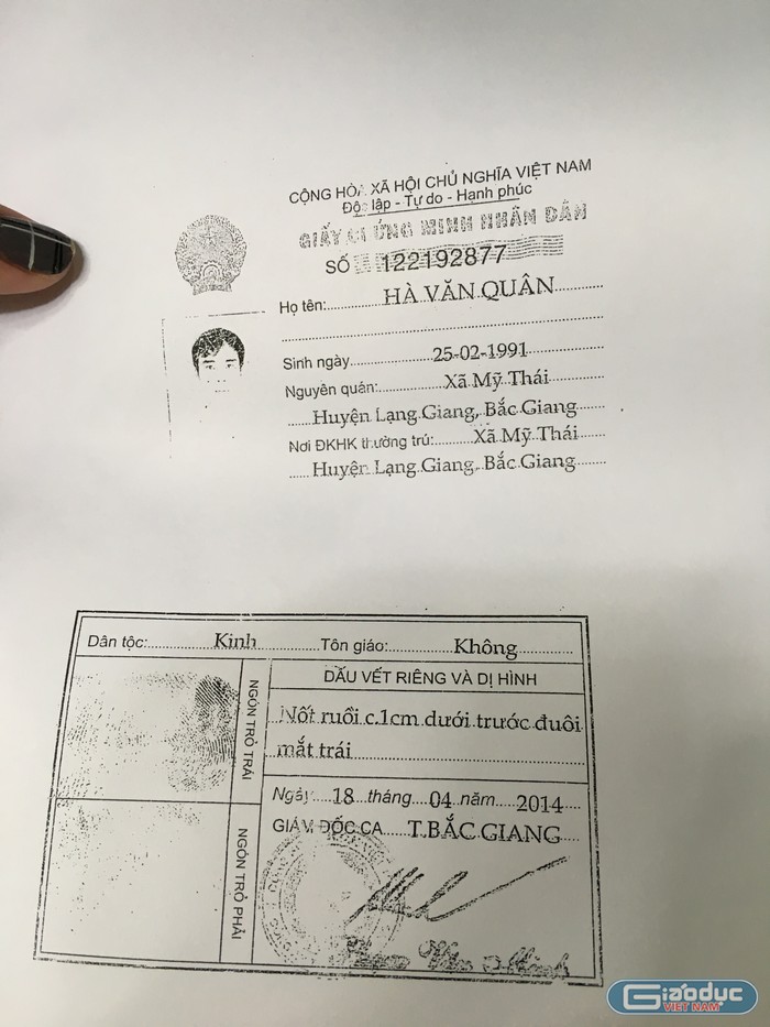 Ảnh chứng minh nhân dân mà một người trong nhóm sử dụng để thuê nhà (Ảnh do chị Th. chụp lại)