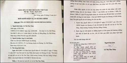 Bà Lê Thị Thu Thủy đã từng gửi đơn khởi kiện hành chính quyết định kỷ luật của Ủy ban nhân dân huyện An Dương đối với bản thân mình. (Ảnh: LC)
