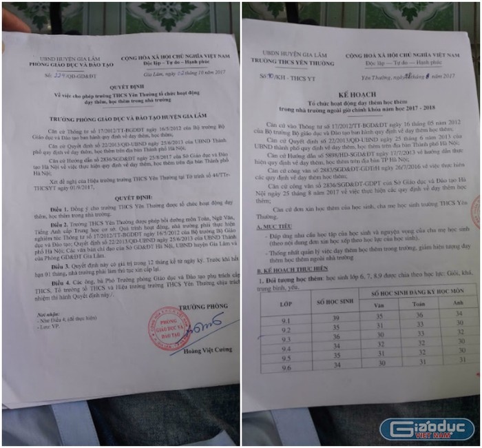 Tờ trình của trường Yên Thường và Quyết định của Phòng Giáo dục và Đào tạo huyện Gia Lâm cho trường dạy thêm. (Ảnh:LC)