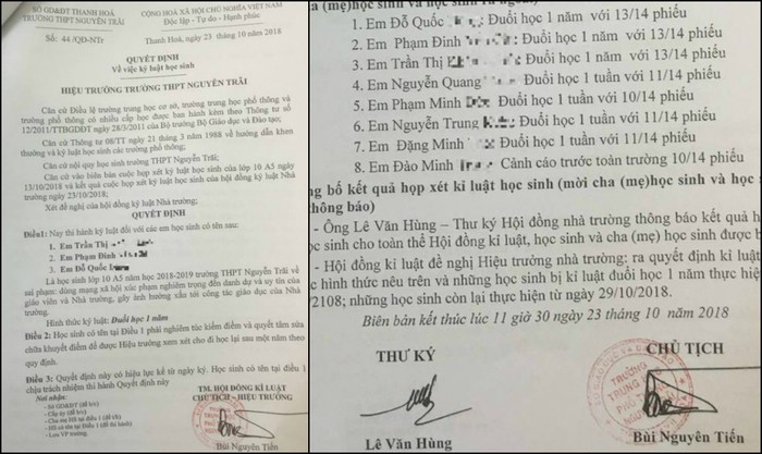 Biên bản họp kỷ luật của trường Trung học phổ thông Nguyễn Trãi (Thành phố Thanh Hóa) Ảnh: DT