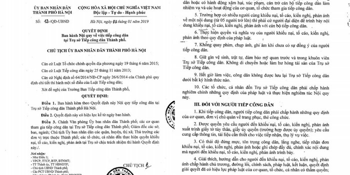 Văn bản của Ủy ban nhân dân thành phố Hà Nội ghi rõ việc &quot;Không quay phim, chụp ảnh, ghi âm khi chưa có sự đồng ý của người tiếp công dân&quot;.