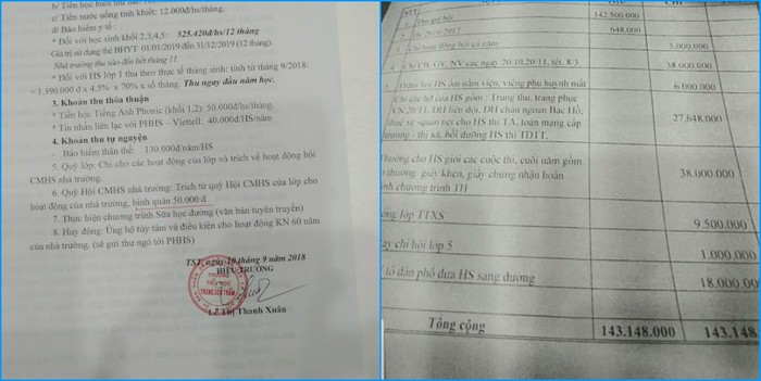 Năm 2018, trường Trung Sơn Trầm thu quỹ phụ huynh nêu rõ là bình quân 50.000 đồng. (Ảnh: LC)