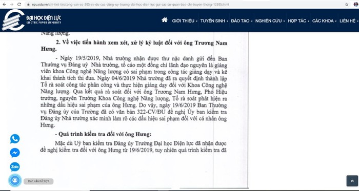 Văn bản trả lời của trường Đại học Điện Lực đăng tải trên website của nhà trường. (Ảnh chụp màn hình)