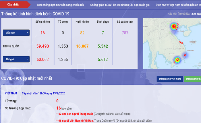 Cập nhật tình hình dịch bệnh Covid-19 tại trang web của Bộ Y tế. Ảnh chụp màn hình.