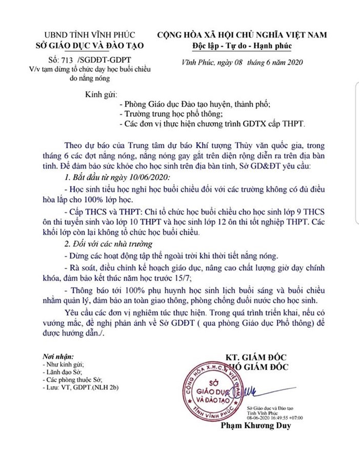 Công văn của Sở Giáo dục và Đào tạo Vĩnh Phúc. Ảnh: Cổng thông tin Sở Giáo dục và Đào tạo Vĩnh Phúc.