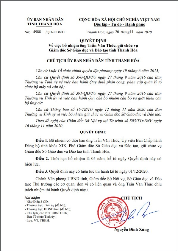 Quyết định Bổ nhiệm Giám đốc Sở Giáo dục và Đào tạo Thanh Hóa. Nguồn: https://qppl.thanhhoa.gov.vn/