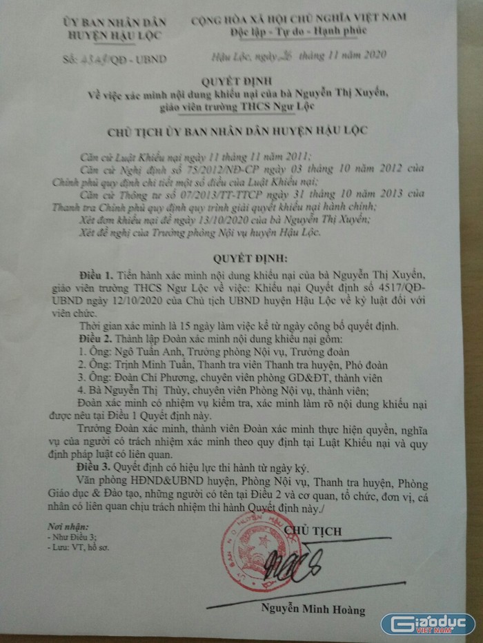 Quyết định thành lập đoàn xác minh khiếu nại của Ủy ban nhân dân huyện Hậu Lộc đối với đơn khiếu nại của bà Nguyễn Thị Xuyến. Ảnh: NVCC