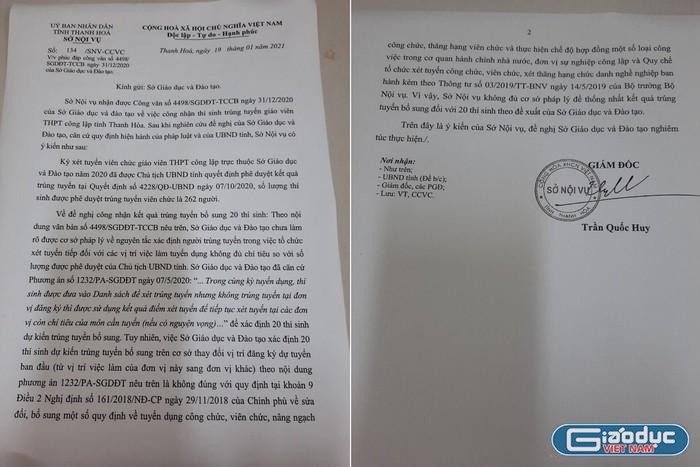 Văn bản không đồng ý 20 thí sinh trúng tuyển bổ sung của Sở Nội vụ Thanh Hóa đối với danh sách mà Sở Giáo dục và Đào tạo đưa sang. Ảnh: LC