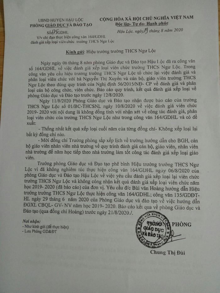 Công văn yêu cầu đánh giá lại và phê bình Hiệu trưởng trường Trung học cơ sở Ngư Lộc của Phòng Giáo dục và Đào tạo huyện Hậu Lộc. Ảnh: Nhân vật cung cấp.