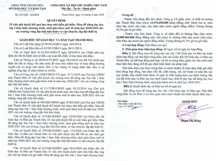 Quyết định số 267/QĐ- SGDĐT do bà Phạm Thị Hằng ký tháng 4/2020. Ảnh chụp màn hình
