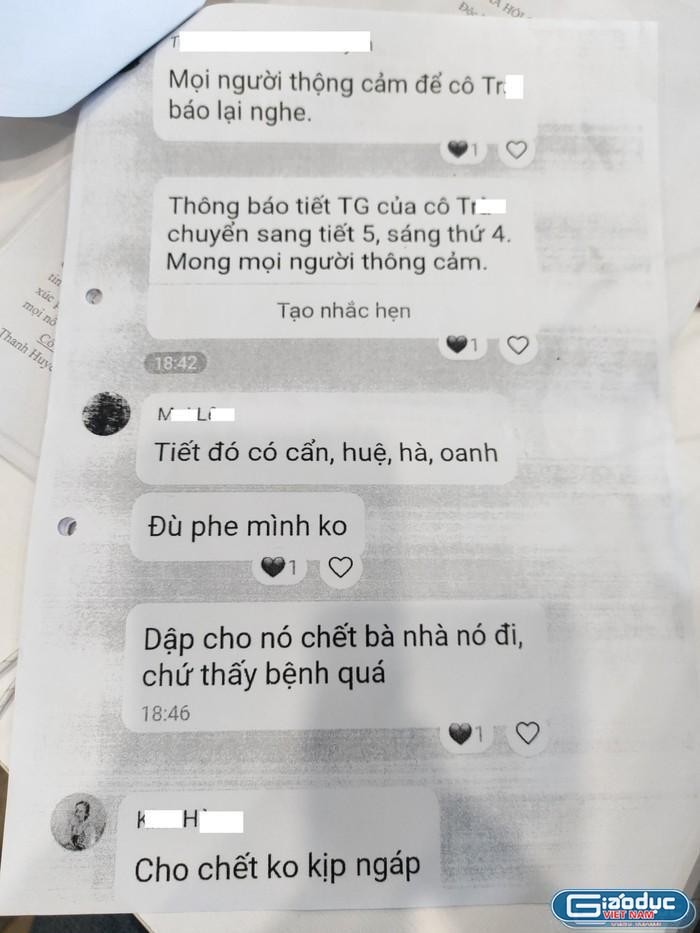 Nội dung tin nhắn của các giáo viên cùng một trường. Ảnh chụp lại màn hình tin nhắn do gia đình cung cấp