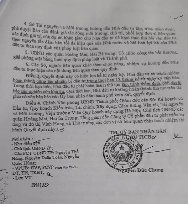 Quyết định Ủy ban nhân dân Thành phố Hà Nội cho công ty Vĩnh Hưng triển khai dự án BT, quyết định do ông Nguyễn Đức Chung ký.