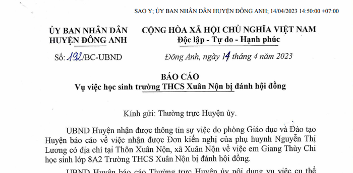 Một phần báo cáo của Ủy ban nhân dân huyện Đông Anh về sự việc bạo lực học đường