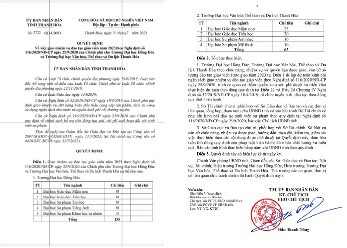 Ngày 31/7, Ủy ban nhân dân tỉnh Thanh Hóa đã có quyết định giao nhiệm vụ đào tạo giáo viên năm 2023 theo Nghị định 116.